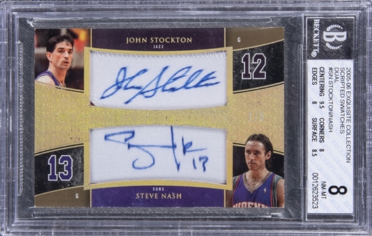 2005-06 UD "Exquisite Collection" Scripted Swatches Dual #SN John Stockton/Steve Nash Dual Signed Game Used Patch Card (#1/5) - BGS NM-MT 8/BGS 9